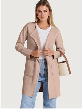 Light Beige Open-Front Long Collarless Coat for Women